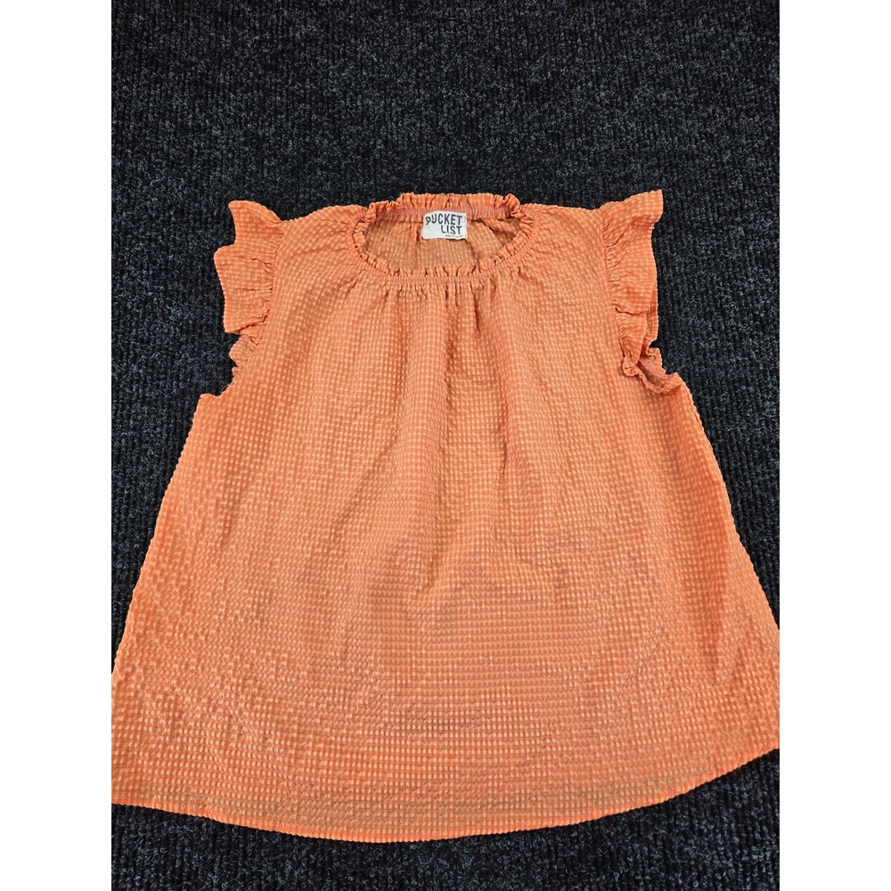 Bucket List Orange Gingham Flutter Sleeve Ruffle Neck Seersucker Top Womens L